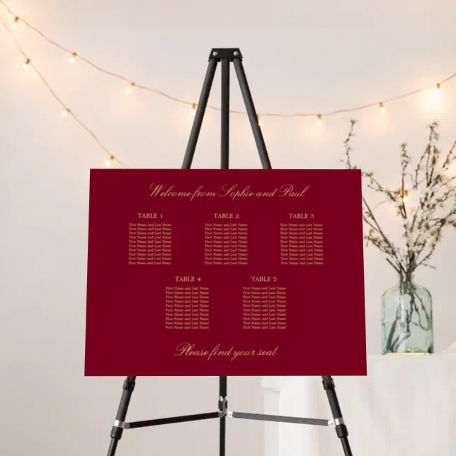 Burgundy Gold 5 Table Seating Chart Foam Board