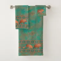 Southwest Cute Javelina Family Copper Teal  Bath Towel Set