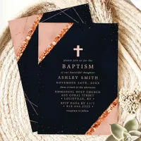 Copper Pink Navy Blue Geometric Sparkle Baptism Invitation