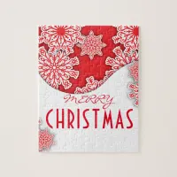 Red and White Nordic Snowflakes Merry Christmas   Jigsaw Puzzle