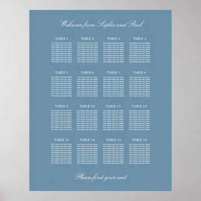 Dusty Blue 16 Table Wedding Seating Chart Poster