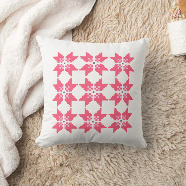 Christmas Nordic Knit Pattern Pink Snowflake White Throw Pillow