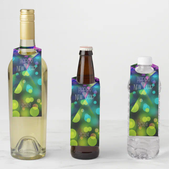 2024 new year with multicolor bubbles bottle hanger tag