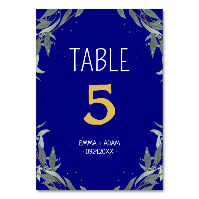 Simple Eucalyptus Greenery Navy Blue and Gold Table Number