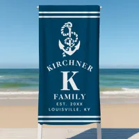 Nautical Anchor Beach House Family Name Navy Blue Beach Towel