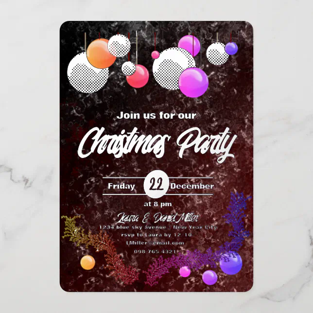 Christmas colorful baubles and garlands  foil invitation