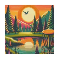 Retro Disc Golf Sunset and Trees Wood Wall Art