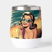 Retro Woman at Beach reading a Fashion Magazine Thermal Wine Tumbler