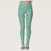 Verdant Green White Swirls Abstract Circle Pattern Leggings