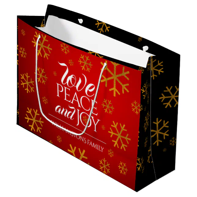 Festive Red Love, Peace, and Joy with Snowflakes Large Gift Bag