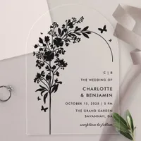  Modern Black Botanical Butterfly Arch Wedding Acrylic Invitations