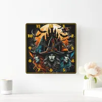 Witches gathering under a full moon on Halloween Square Wall Clock