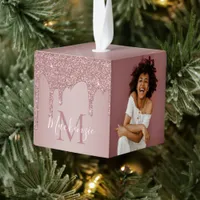 Rose Gold Sparkle Glitter Drips Monogram Photo Cube Ornament