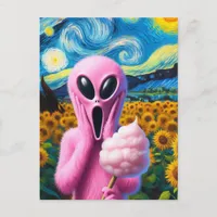 Screaming Pink Alien with Cotton Candy Sunflowers Postcard