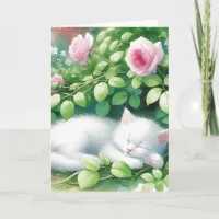  Kitten Napping Under Rosebush Birthday Card