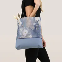 White Roses on Blue Background, Color Block Tote Bag