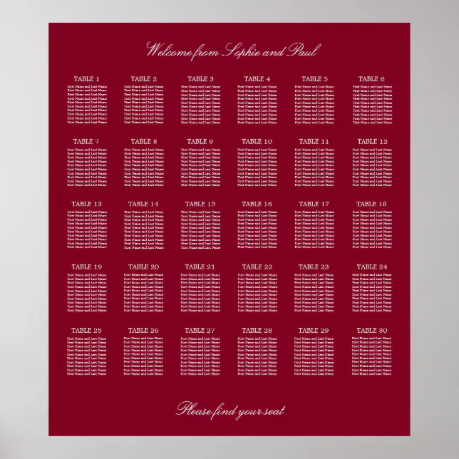 Burgundy 30 Table Wedding Seating Chart Poster