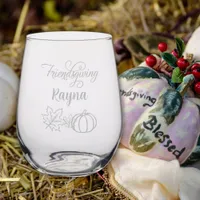 Fall Friendsgiving Thanksgiving Name etched Stemless Wine Glass