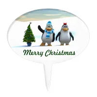 Cute Cartoon Penguin Pair with Tree Cake Topper