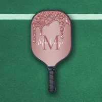 Girly Rose Gold Sparkle Glitter Drips Monogram Pickleball Paddle