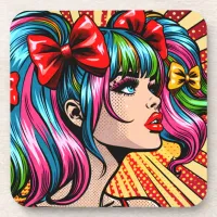 Pretty Pop Art Comic Girl with Bows Beverage Coaster