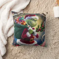 The Grinch joyfully prepares for Christmas night Throw Pillow