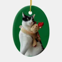 White and Black Cat & Reindeer Christmas Toy Ceramic Ornament