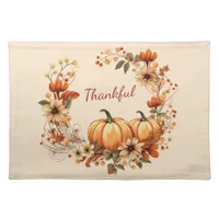 Thankful Pumpkin and Autumn Flowers Wreath Cloth Placemat