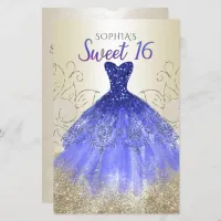 Budget Gold Royal Blue Dress Sweet 16  Invitation