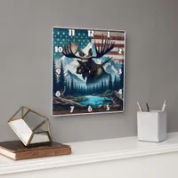 Majestic Moose Against Mountains and American Flag Square Wall Clock