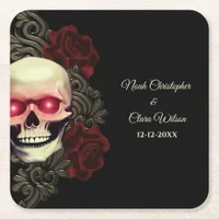 Ethnic red floral dark gothic skull hallowedding square paper coaster