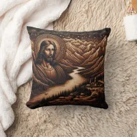 Jesus Overlooking Serene Mountain Valley Landscape Throw Pillow