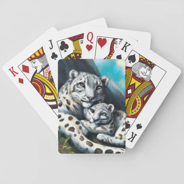 Mother Snow Leopard and Cub in the Mountains Poker Cards