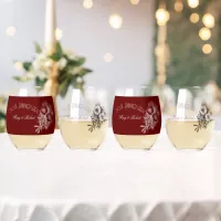 Flourished 50th anniversary - burgundy and white stemless wine glass