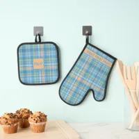 Light Blue Plaid Personalized Oven Mitt & Pot Holder Set