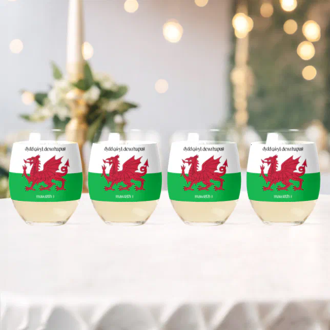 Happy St. David's Day Red Dragon Welsh Flag Stemless Wine Glass