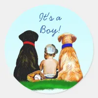 Boy's Baseball and Dogs Themed Baby Shower Classic Round Sticker