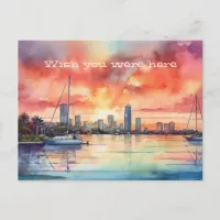 Watercolor sunset over Miami from Biscayne Bay Postcard