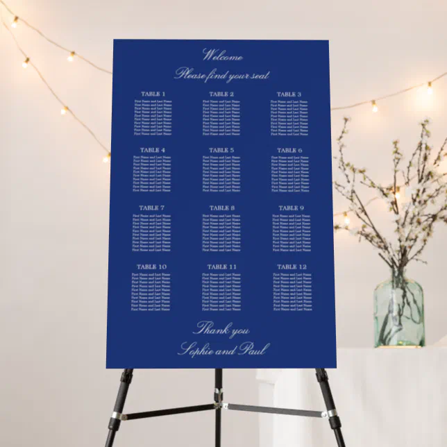 Dark Blue 12 Table Wedding Seating Chart Foam Board