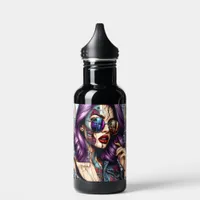 Colorful Abstract Pretty Lady with Purple Hair Water Bottle