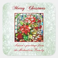 Green Glitter Stained Glass Red Christmas Flowers  Square Sticker