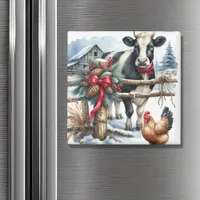 Beautiful Holiday Cow with Rooster Christmas Magnet