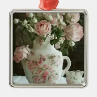 Pretty Pink Roses in Vintage Antique China Teapot Metal Ornament