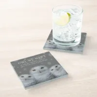 Funny Owl We Want for Christmas ... Snowy Owls Glass Coaster
