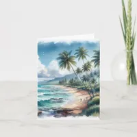 Tropical Island Watercolor Coastal Seascape Blank Note Card