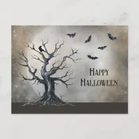 Spooky Halloween Tree with Raven and Bats Postcard