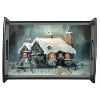 Merry Christmas Cozy Village Winter Night    Serving Tray