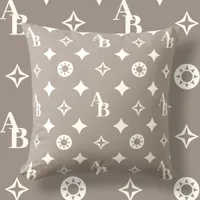 Taupe Grey + Ivory Custom Initial Monogram Pattern Throw Pillow