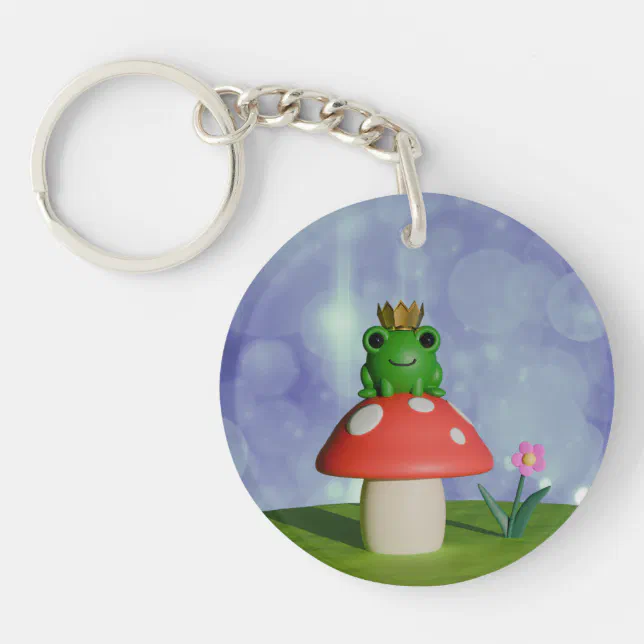 Cute Cartoon Frog Wearing a Crown on a Mushroom Keychain