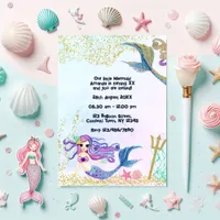 Magical Mermaid Faux Glitter Kids Birthday Party Invitation